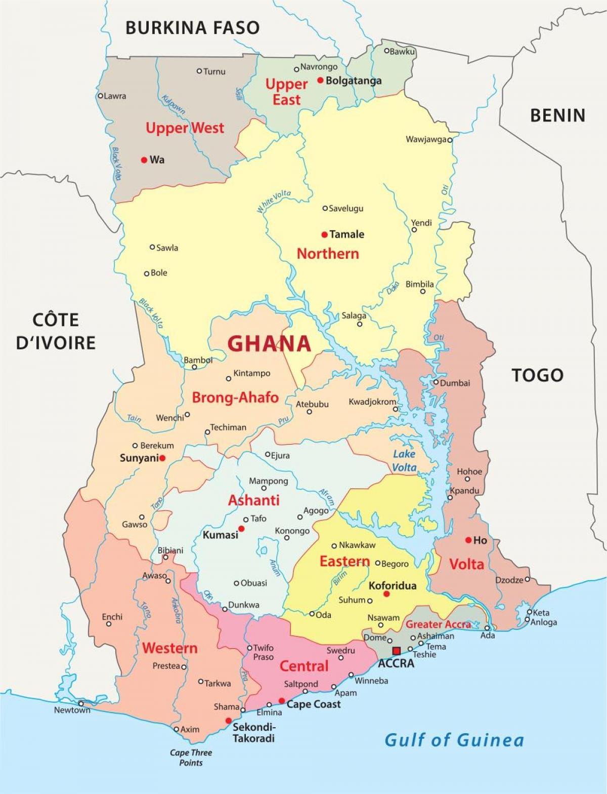 mapa de ghana mostrando los distritos
