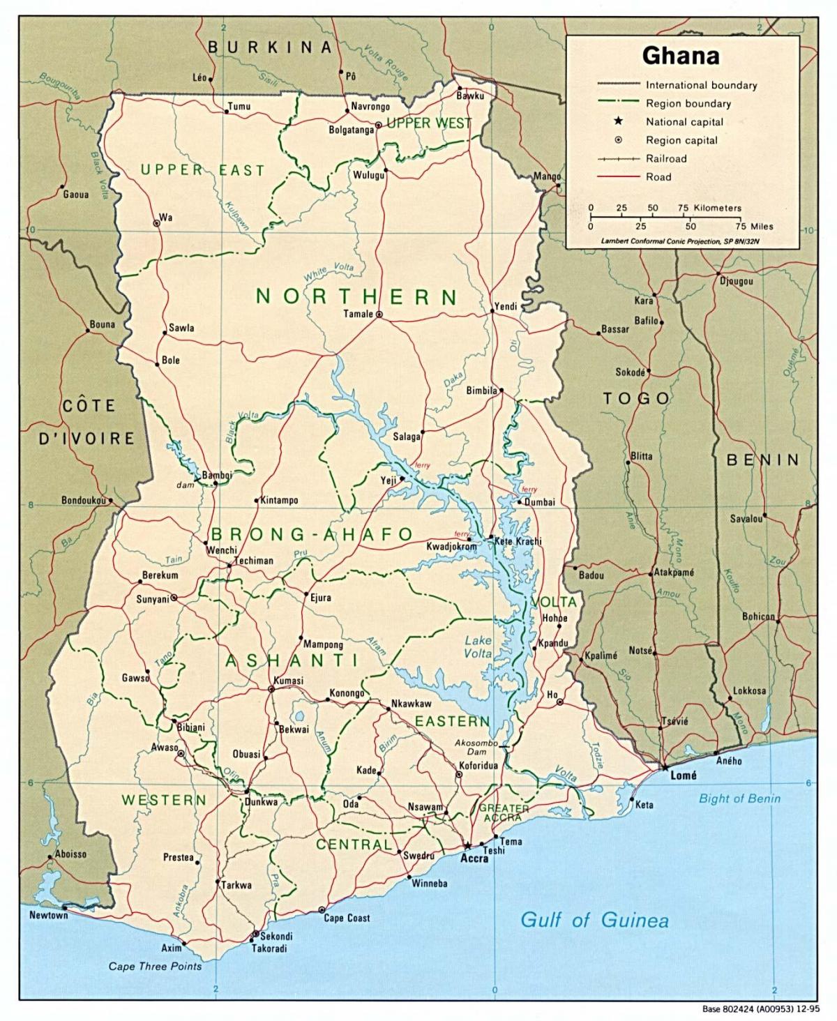 ghana mapa con las ciudades y pueblos