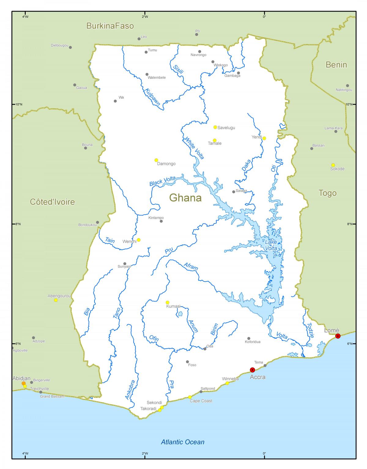 mapa de ghana mostrando los ríos
